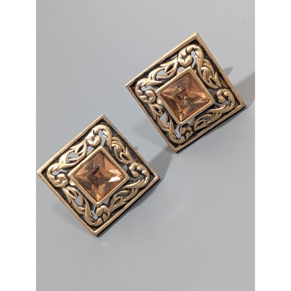 Vintage Swank Faux Topaz Stone Square Vine‎ Scroll Gold Tone Cufflinks - Picture 2 of 9